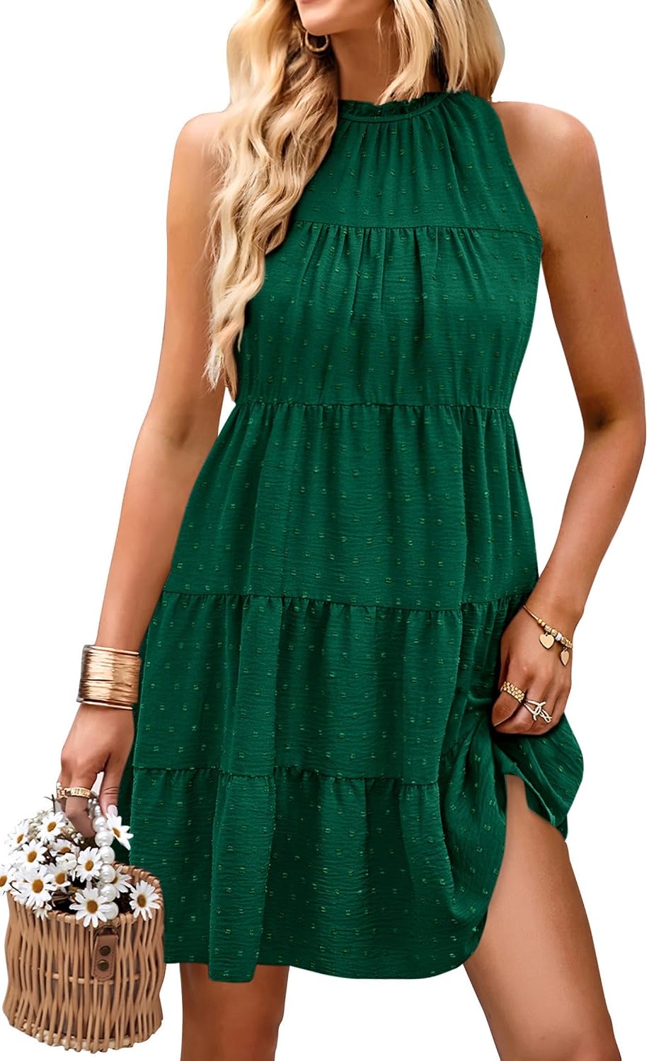 KIRUNDO Summer Sundresses for Women Halter Dress Babydoll | Spring Sleeveless Halter Top, Flowy Tiered Pleated, Western Cute Country Concert, Beach Wedding Guest Vacation Cruise Dress