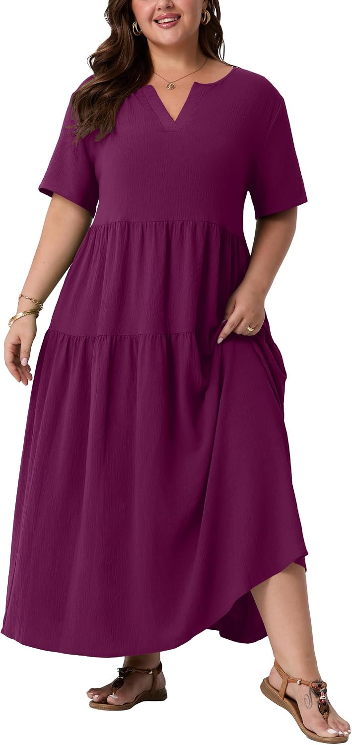 OLRIK Plus Size Maxi Dresses for Curvy Women - Flowy Boho Summer Dress with Pockets, V-Neck Short Sleeve for Beach Vacation