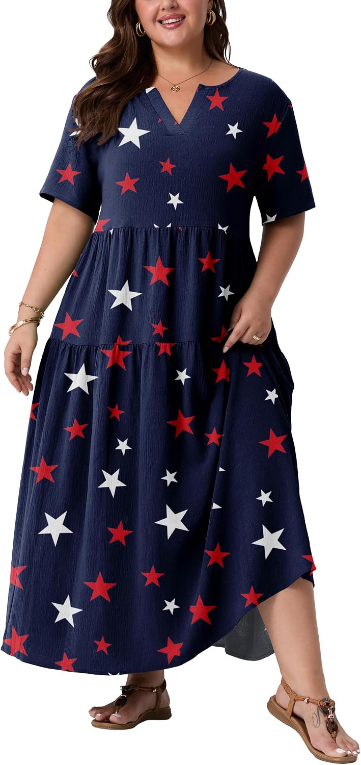 OLRIK Plus Size Maxi Dresses for Curvy Women - Flowy Boho Summer Dress with Pockets, V-Neck Short Sleeve for Beach Vacation