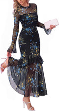 BTFBM Elegant Wedding Guest Dress Long Sleeve Maxi Dresses for Women | Bell Sleeves,Crew Neck,Floral,Mesh,Tiered Ruffle,Fashion Clothing,Homecoming Dresses,Cocktail Dress,Maxi,Fall Outfits 2026