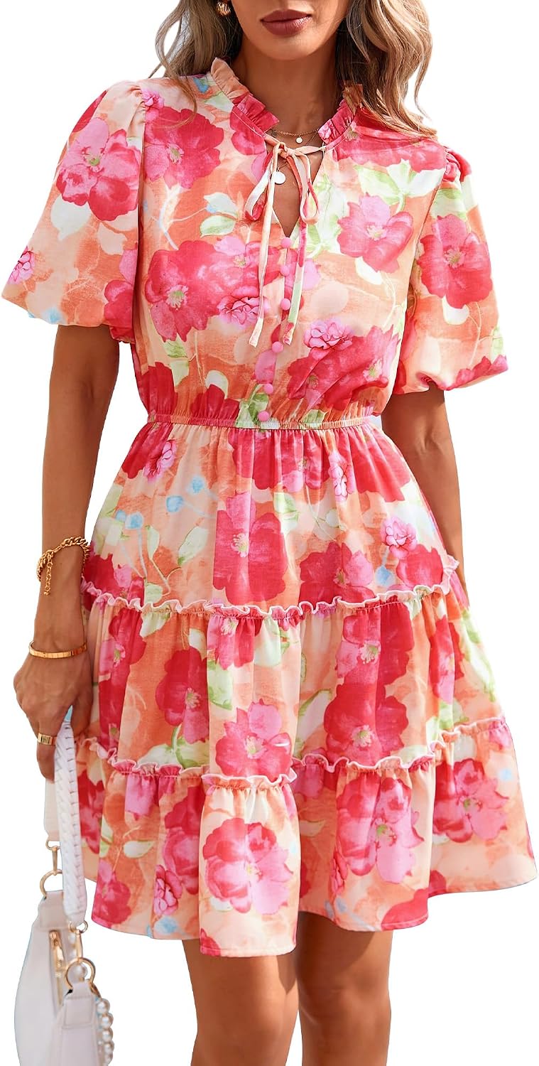 BTFBM Women Summer Floral Short Dresses V Neck Short Sleeve Tiered Ruffle Boho Swing Dress A-Line Mini Dresses