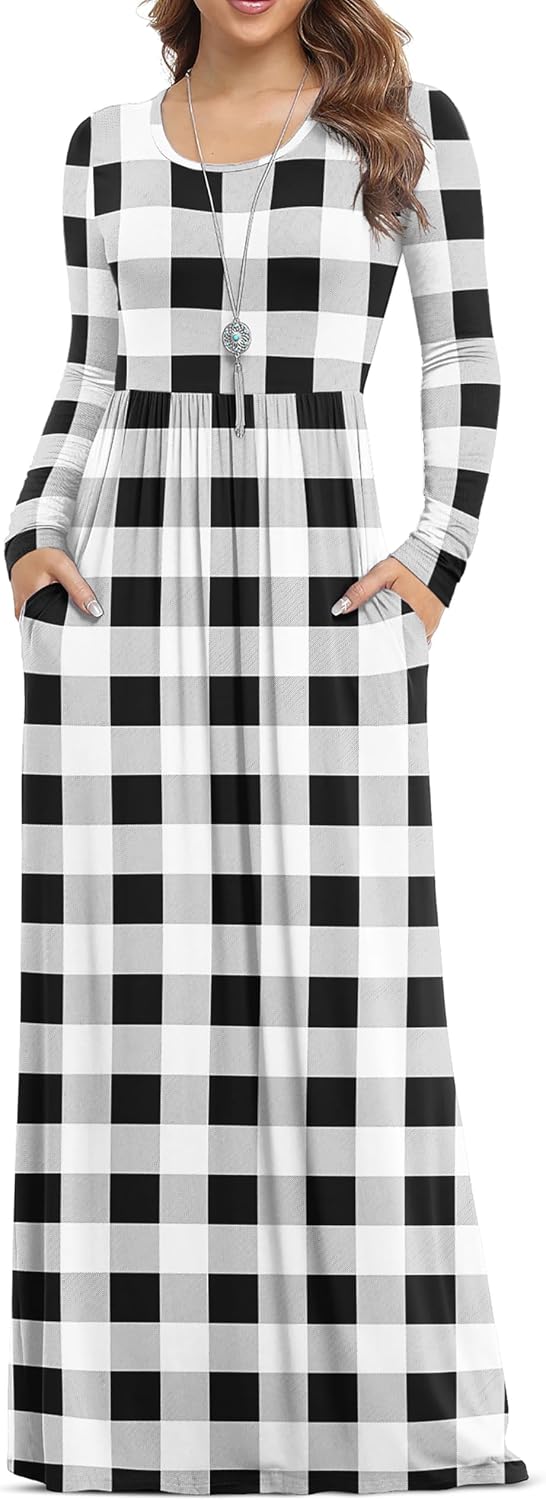 VIISHOW Women's Long Sleeve Casual Empire Waist Maxi Dress with Pockets | Soft stretch,Loose\u2011flowing dress,Full\u2011length cut,For church & daily occasions,Layer for cool Fall\u2011Winter,Casual to Formal