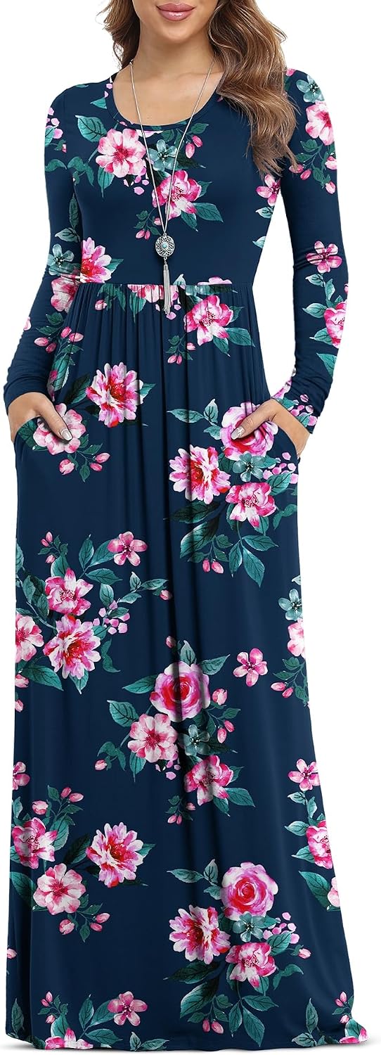VIISHOW Women's Long Sleeve Casual Empire Waist Maxi Dress with Pockets | Soft stretch,Loose\u2011flowing dress,Full\u2011length cut,For church & daily occasions,Layer for cool Fall\u2011Winter,Casual to Formal