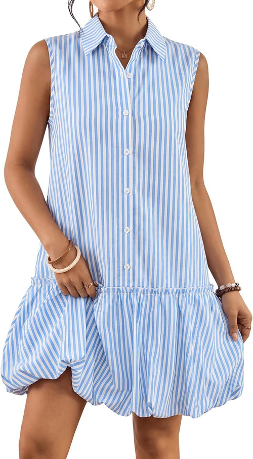 Bsubseach Women Casual Summer Linen Dress Bubble Mini Dress | Sleeveless Button Down Cotton Shirt Sundress with 2 Pockets, Flatters All Figures, Beach Vacation, Brunch Date & Daily Wear
