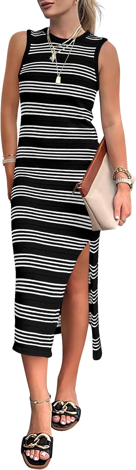 PRETTYGARDEN Women's Summer Sleeveless Striped Midi Dresses | Soft Stretchy Hollow Out Knit, Slim Fit Side Slit, Crewneck Tank Sundress Casual, Beach Vacation Outfits, Date Party Dress