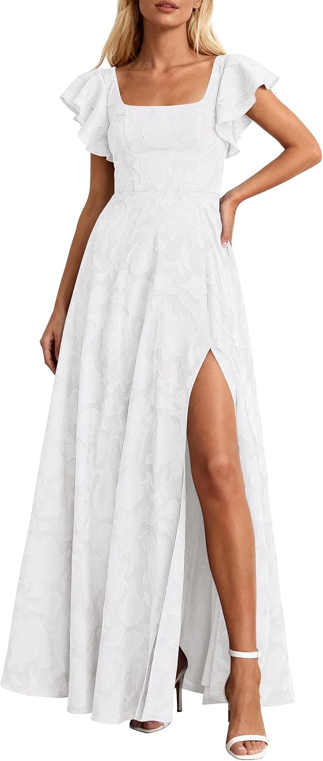 KIRUNDO Bridesmaid Wedding Guest Formal Dresses for Women | Elegant Summer Maxi Dress, Lace Floral Prom Party Cocktail Dress, Smocked Bust, Tie Back, Split A Line Swing, With Pockets