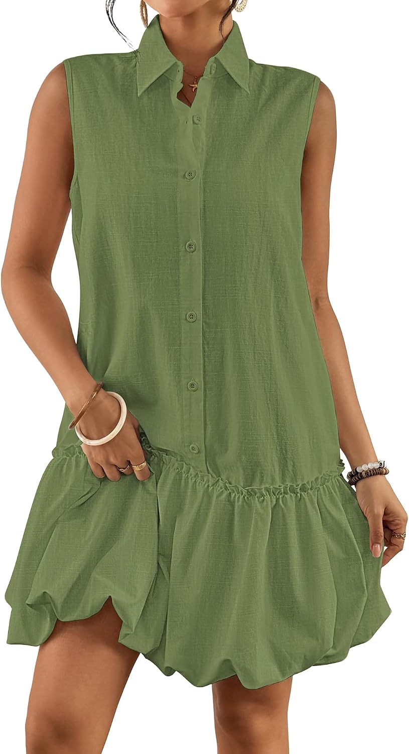 Bsubseach Women Casual Summer Linen Dress Bubble Mini Dress | Sleeveless Button Down Cotton Shirt Sundress with 2 Pockets, Flatters All Figures, Beach Vacation, Brunch Date & Daily Wear