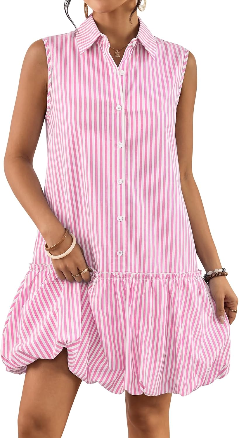 Bsubseach Women Casual Summer Linen Dress Bubble Mini Dress | Sleeveless Button Down Cotton Shirt Sundress with 2 Pockets, Flatters All Figures, Beach Vacation, Brunch Date & Daily Wear