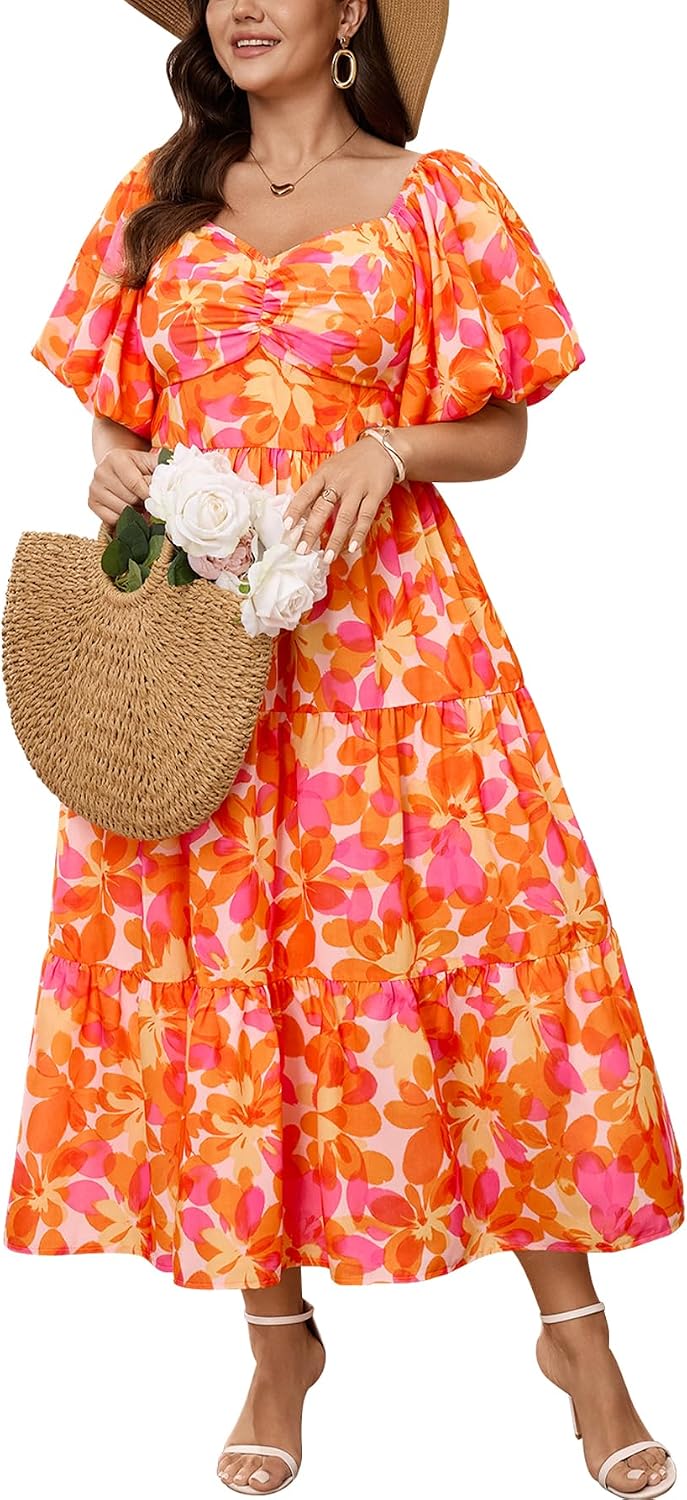 SHESTARR Womens Plus Size Wedding Guest Maxi Dress | Puffy Short Sleeve, Sweetheart Neckline, Smocked, Flowy, Tiered, A Line, Summer, Long Dresses