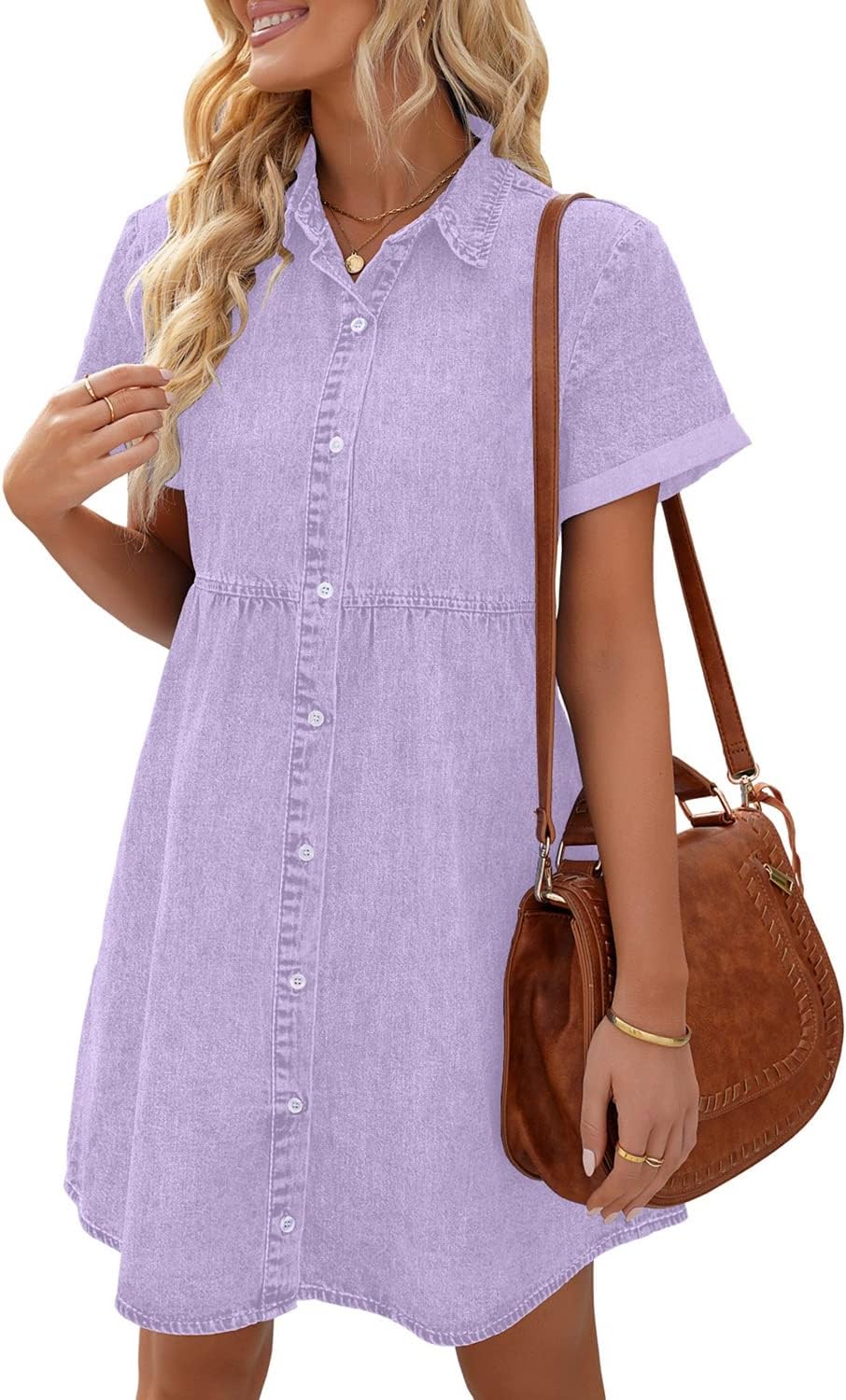 LookbookStore Denim Dress for Women Short Sleeve Flowy Babydoll Jean Dress | Trendy Womens Summer Dresses, Tiered Baby Doll Short Dress, Above Knee Length, Button Down, Daily Wear, Country Concert Dress