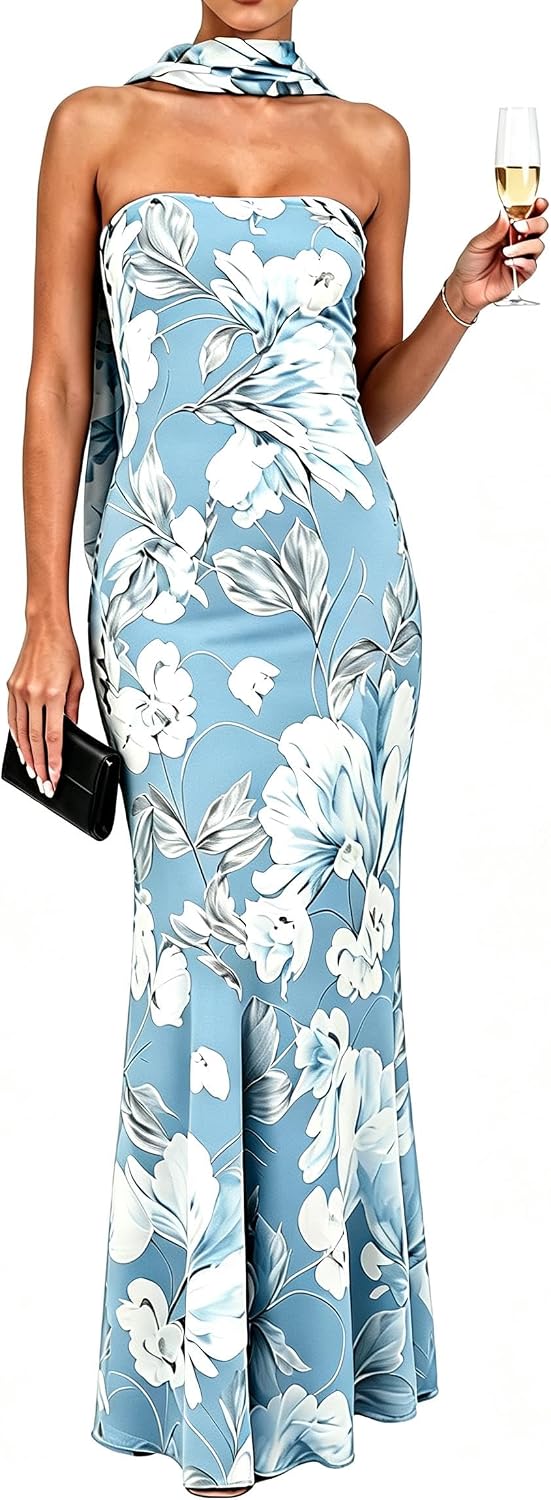 Women's Floral Strapless Tube Maxi Dress with Scarf, Bodycon Long Dress | 2-Layer: Mesh outer, stretchy lining\u2014no see-through, dress features non-slip strips. Suitable for spring and summer wear.
