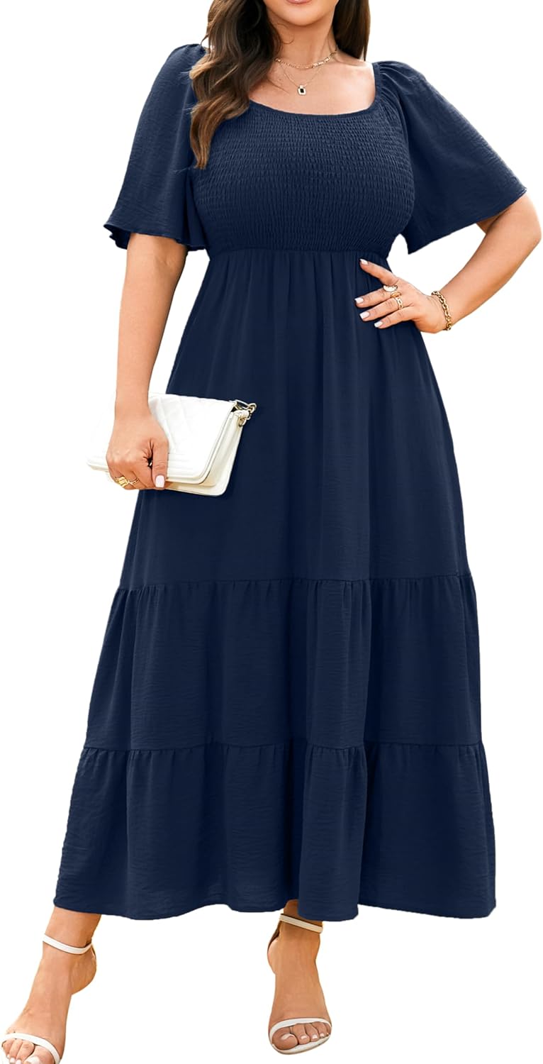 RWJ Women's Plus Size Summer Dresses Short Sleeve Smocked Boho Maxi Dress | Beach Dresses for Women 2026 Vacation, Bohemian Floral Square Neck Empire Waist, Wedding Guest Baby Shower Casual Sundress