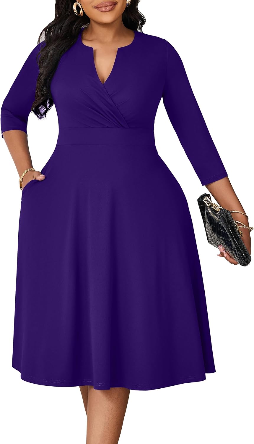 Runwind Plus Size Curvy Dresses for Women A-Line V Neck Casual Midi Dress | 3\/4 Sleeve, wrap shirred bodice, stretch empire waist, pockets & back hidden zipper, elegant style for cocktail party