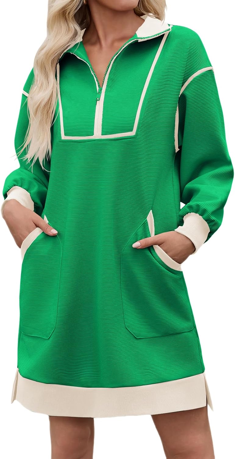 Wenrine Womens Half Zip Sweatshirt Dress Fall V Neck Contrast Mini Dresses | Oversized, Zip Up, Collared, Long Sleeve, Loose Fit, Slit Hem, Two Side Pockets, Sporty, Pullover
