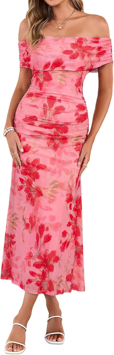 Simplee Womens Off Shoulder Maxi Dress Summer Floral Wedding Guest Dresses | Mesh Ruched Bodycon, Semi Formal Dress 2026, Strapless Spring Pastel Elegant, Cocktail Party Prom, Bridal Shower, Beach
