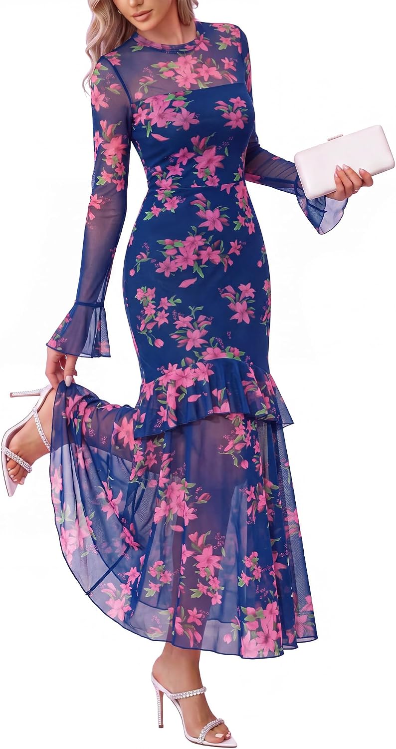 BTFBM Elegant Wedding Guest Dress Long Sleeve Maxi Dresses for Women | Bell Sleeves,Crew Neck,Floral,Mesh,Tiered Ruffle,Fashion Clothing,Homecoming Dresses,Cocktail Dress,Maxi,Fall Outfits 2026