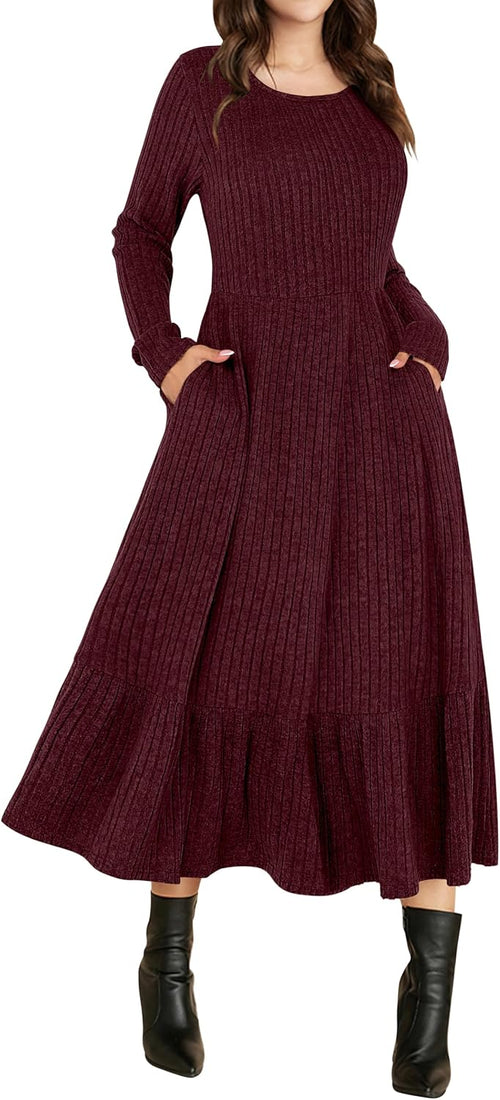 ANRABESS Womens Fall Long Sleeve Midi Dress | Crewneck Swing Flowy A Line Dresses, Soft Comfy Rib Knit, Casual Everyday Date Nights Wear, Minimal Elegant, Winter Layering