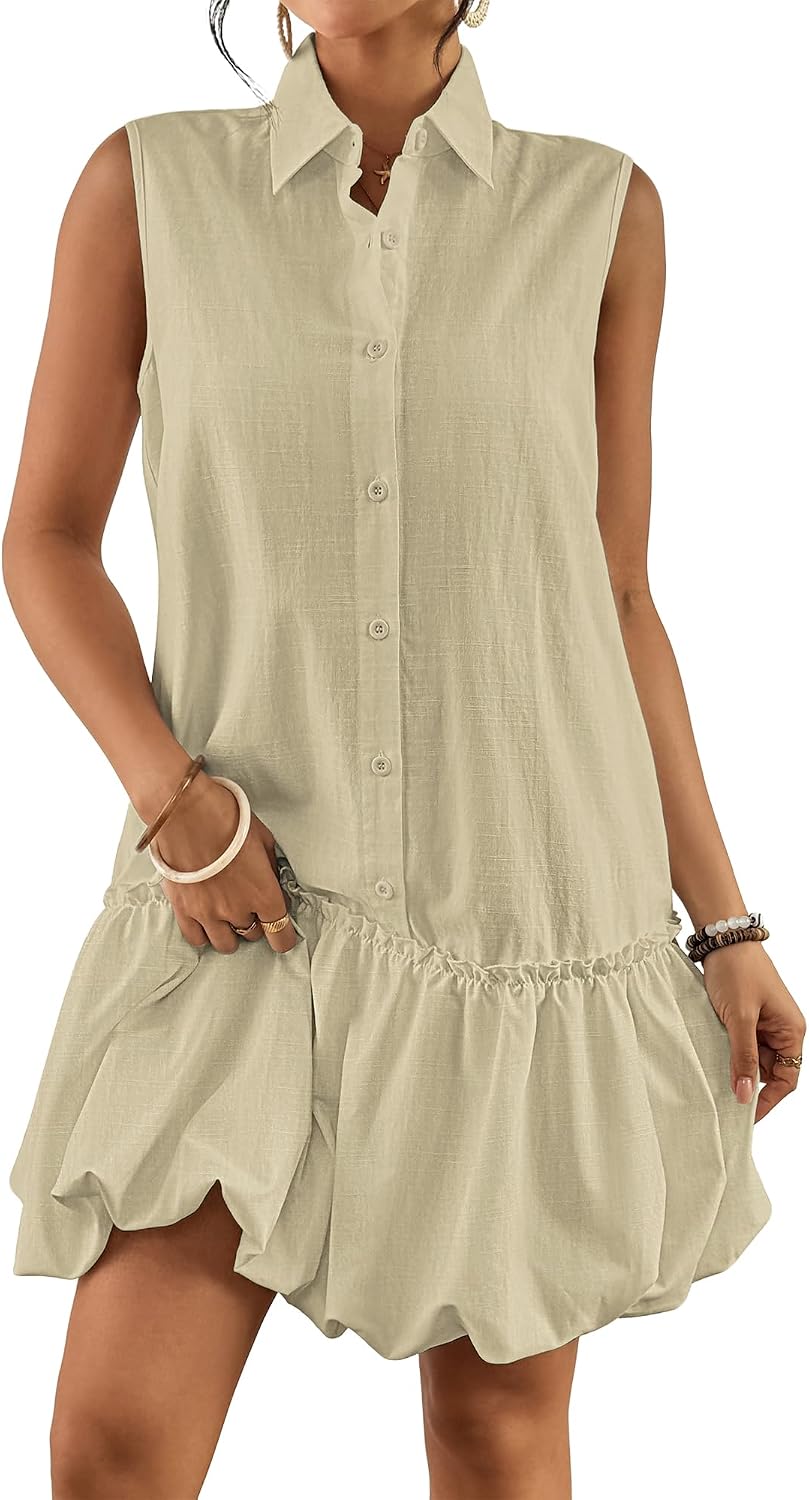 Bsubseach Women Casual Summer Linen Dress Bubble Mini Dress | Sleeveless Button Down Cotton Shirt Sundress with 2 Pockets, Flatters All Figures, Beach Vacation, Brunch Date & Daily Wear