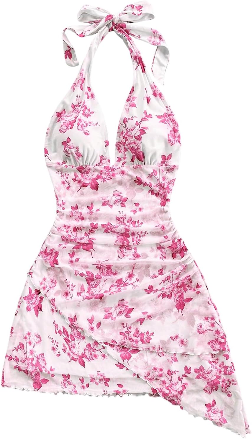 SOLY HUX Women's Y2K Summer Beach Halter Mini Dress | Retro Floral Dress, V Neck, Backless, Club Nightout, Sexy Going Out Clothes, Birthday Dress