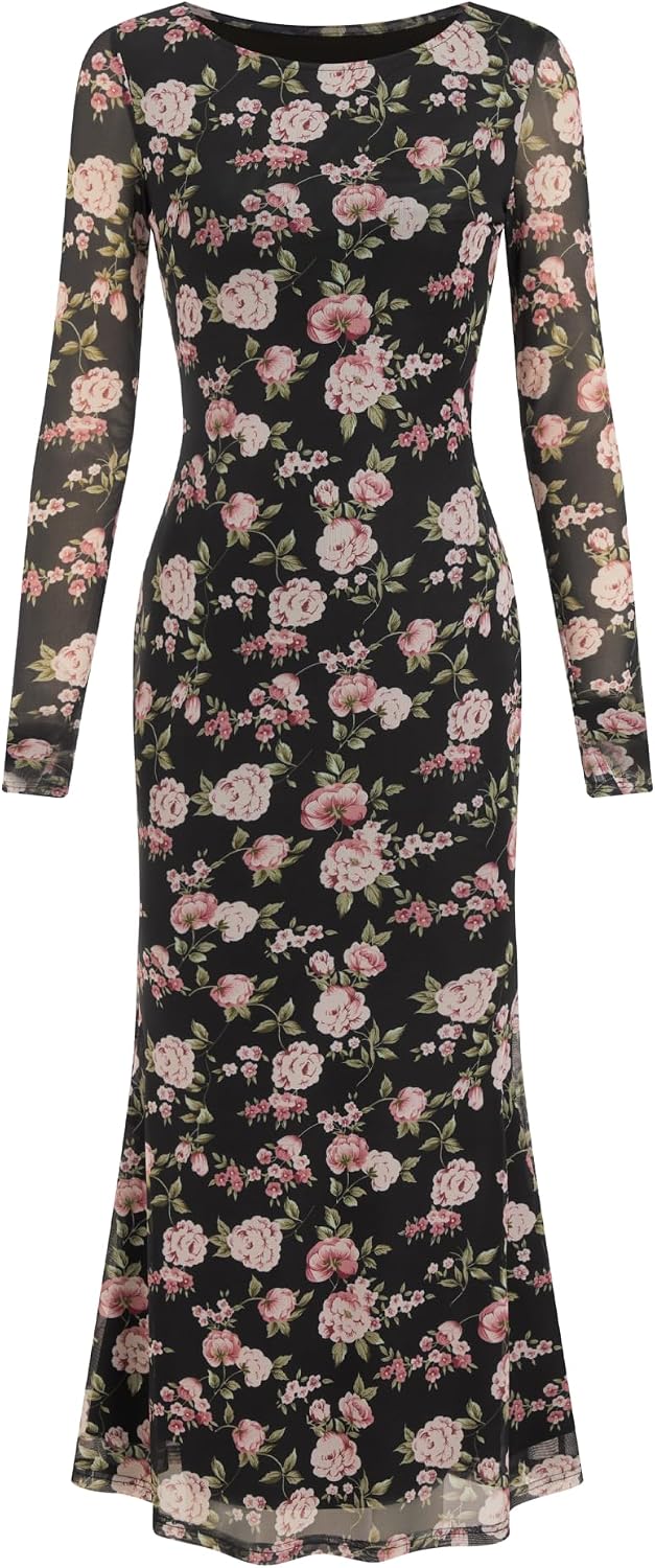 CIDER Floral Wedding Guest Dress for Women Mesh Long Sleeve Maxi Dress | Boat Neck Bodycon Dress with Thumb Holes, Semi Formal Dress, Fall Fashion Elegant Outfits