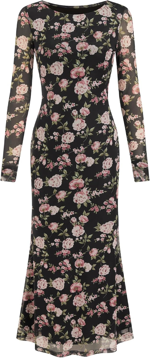 CIDER Floral Wedding Guest Dress for Women Mesh Long Sleeve Maxi Dress | Boat Neck Bodycon Dress with Thumb Holes, Semi Formal Dress, Fall Fashion Elegant Outfits