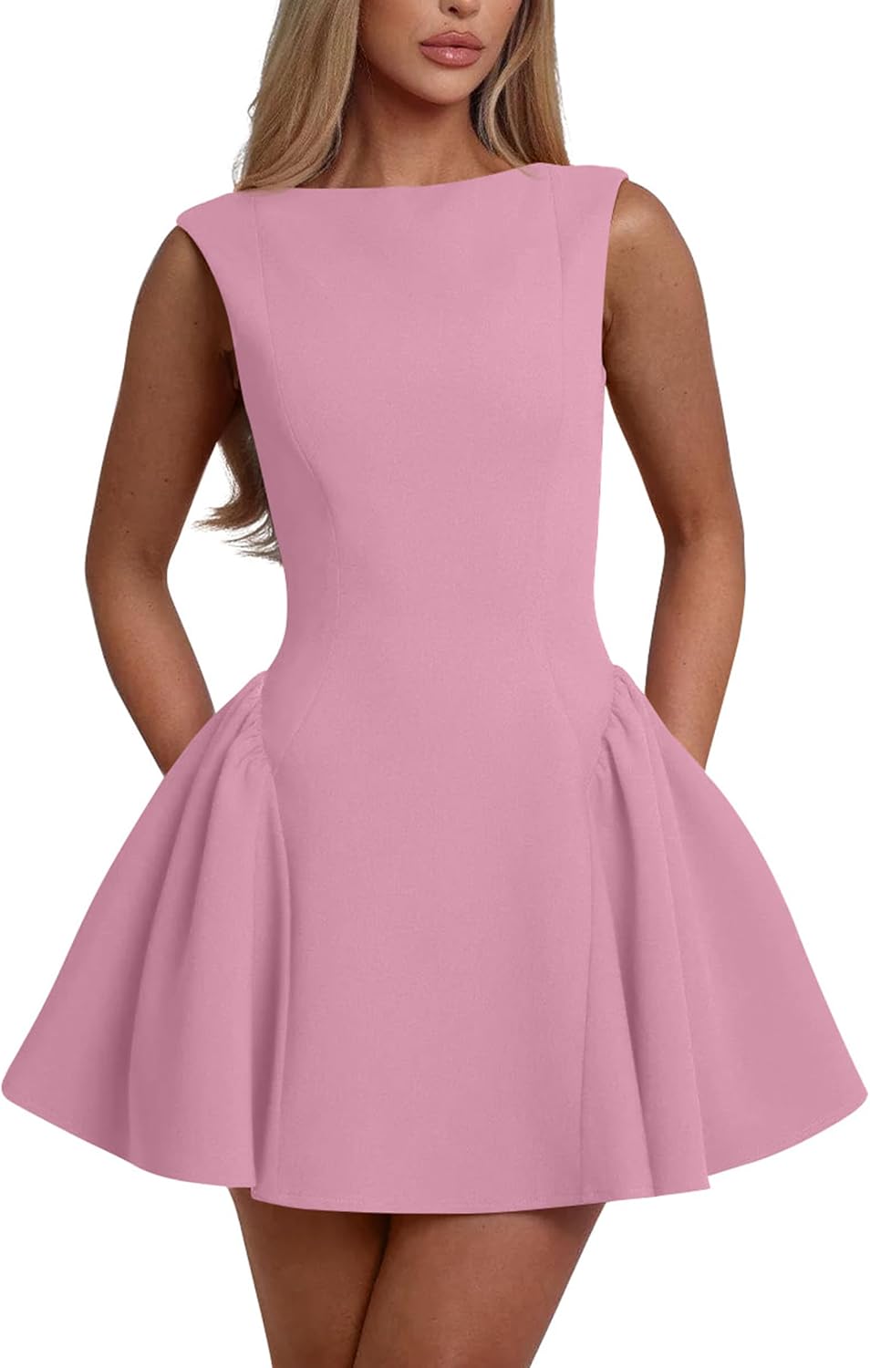 YMDUCH Women's Summer Sleeveless Backless A-line Mini Prom Dress | Crew Neck,Backless,Birthday,Party,Homecoming,Gradution,Back to School,Club,Date,Cute,Prom,Stretch,Solid,Comfy,Fashion,Trendy
