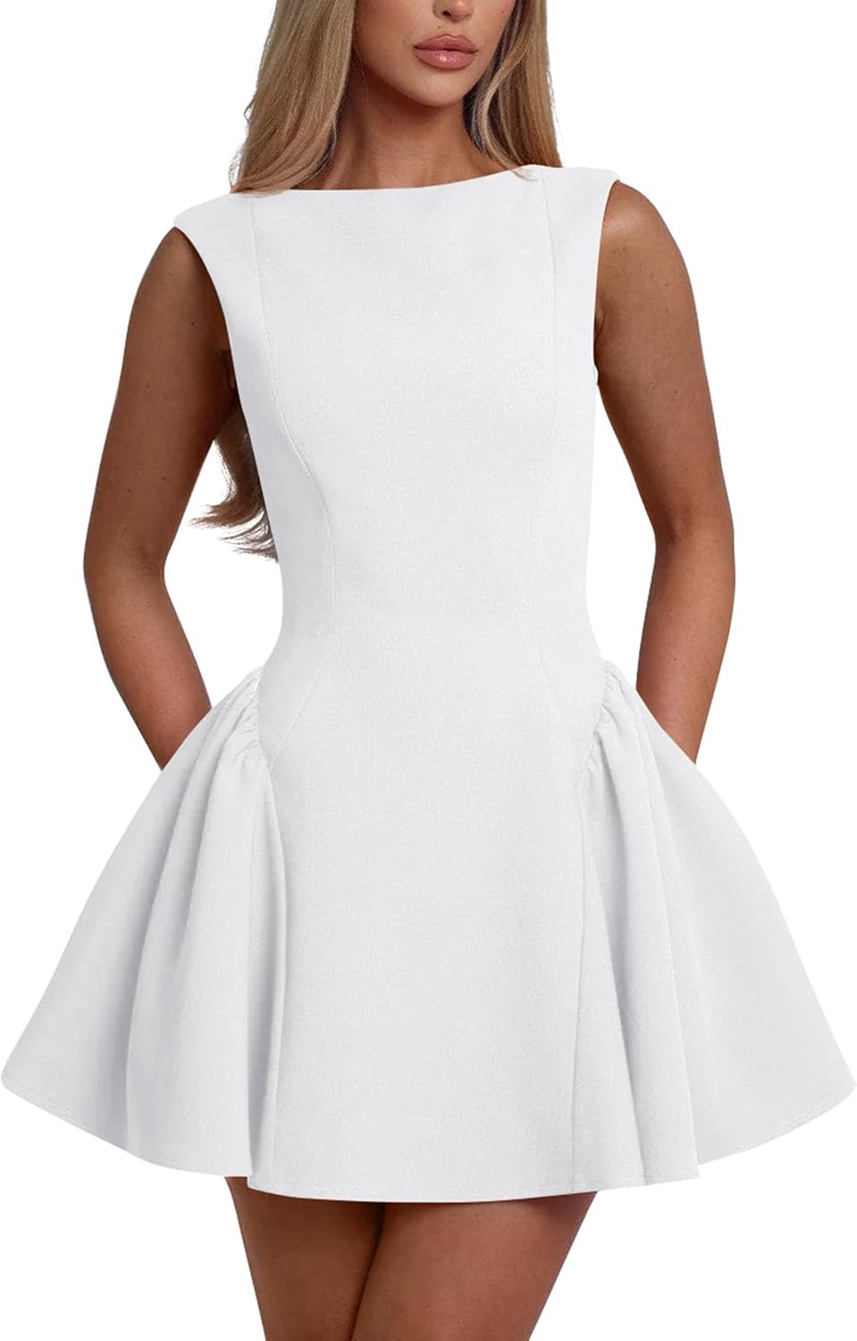 YMDUCH Women's Summer Sleeveless Backless A-line Mini Prom Dress | Crew Neck,Backless,Birthday,Party,Homecoming,Gradution,Back to School,Club,Date,Cute,Prom,Stretch,Solid,Comfy,Fashion,Trendy