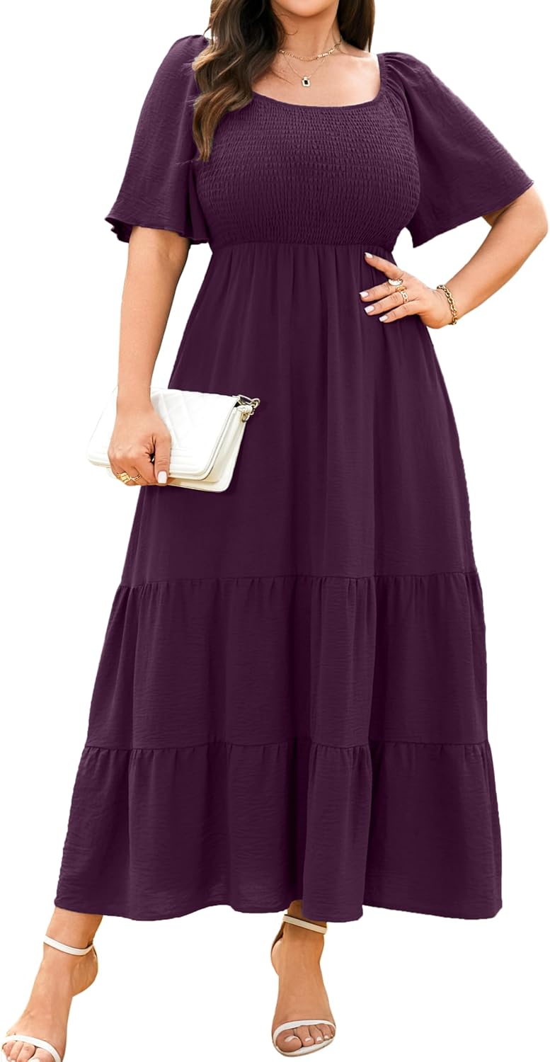 RWJ Women's Plus Size Summer Dresses Short Sleeve Smocked Boho Maxi Dress | Beach Dresses for Women 2026 Vacation, Bohemian Floral Square Neck Empire Waist, Wedding Guest Baby Shower Casual Sundress
