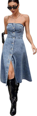 utcoco Women's Stretch Strapless Denim Tube Dress Button Down Sleeveless A Line Swing Jean Dress 2026