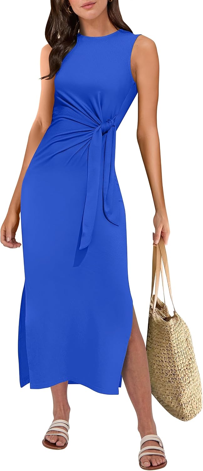 ANRABESS Women's Sleeveless T-Shirt Midi Tank Dress | Summer Casual, Slim Fit, Tie Waist Split Trendy Long Dresses, 2026 Travel Vacation Beach Sundress, Soft Comfy