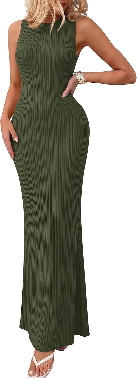 PRETTYGARDEN Women's Knit Bodycon Maxi Going Out Dresses | Ribbed Textured, Sleeveless Tank Dress, Fitted Long Sundresses, Casual Elegant, Summer Date Night Outfits, Fashion Clothing