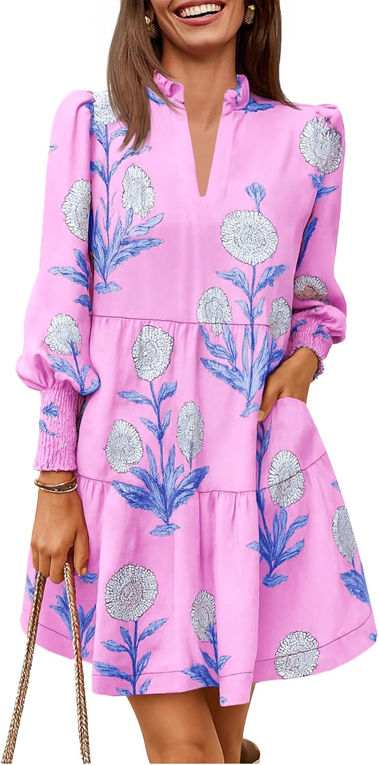 Imily Bela Womens Fall Long Sleeve Tunic Dress Casual V Neck Tiered Dress | Loose,Swing,A-Line,Ruffled Collar,Puff Balloon Sleeve,Smocked Elastic Cuffs,Tiered Layered Ruffle Hem,Babydoll,Loose,Mini