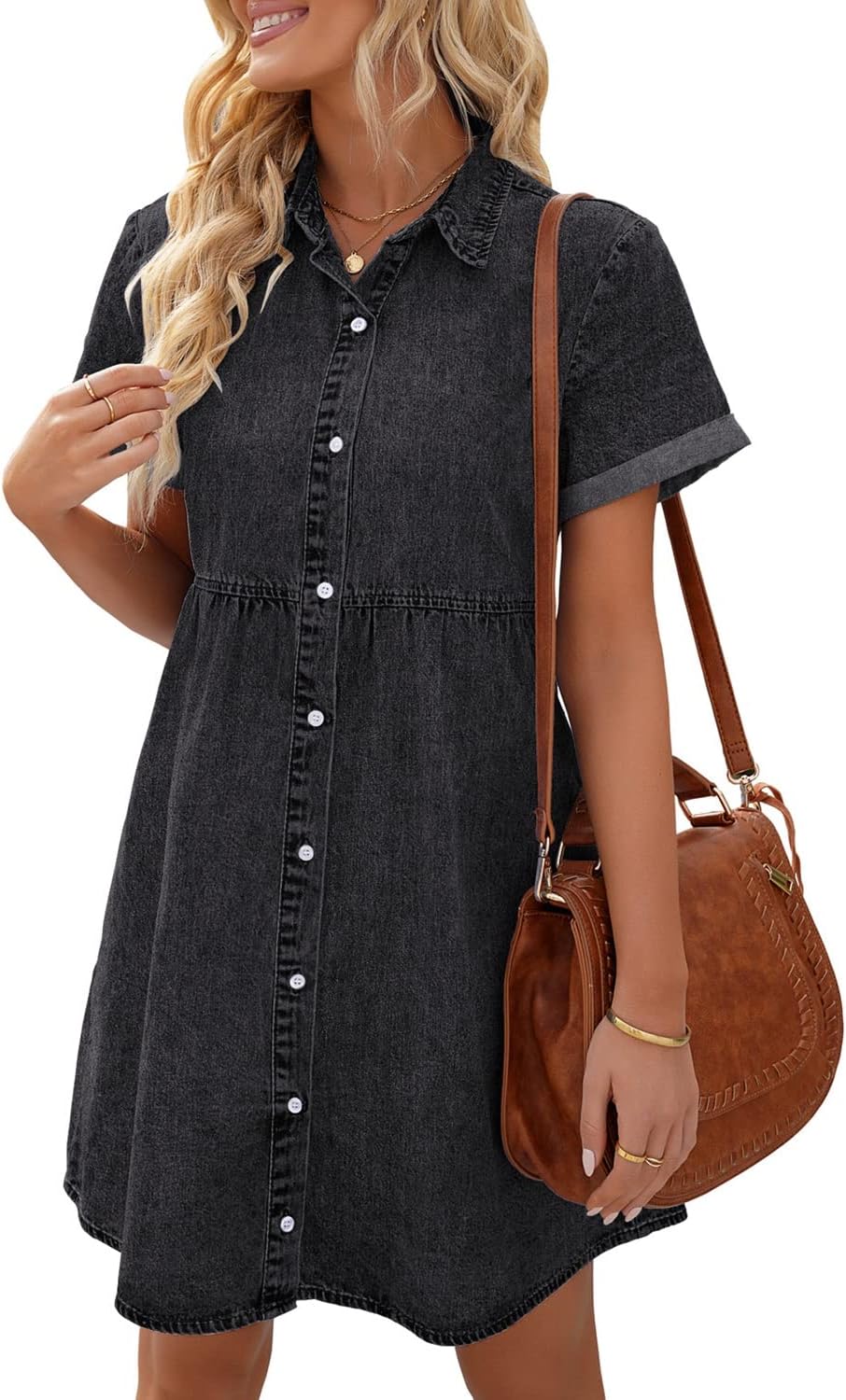 LookbookStore Denim Dress for Women Short Sleeve Flowy Babydoll Jean Dress | Trendy Womens Summer Dresses, Tiered Baby Doll Short Dress, Above Knee Length, Button Down, Daily Wear, Country Concert Dress