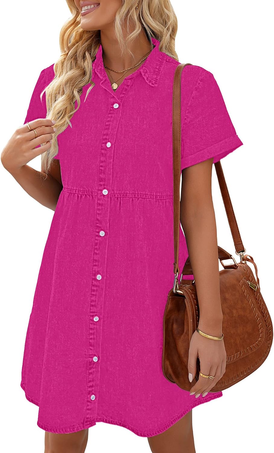 LookbookStore Denim Dress for Women Short Sleeve Flowy Babydoll Jean Dress | Trendy Womens Summer Dresses, Tiered Baby Doll Short Dress, Above Knee Length, Button Down, Daily Wear, Country Concert Dress