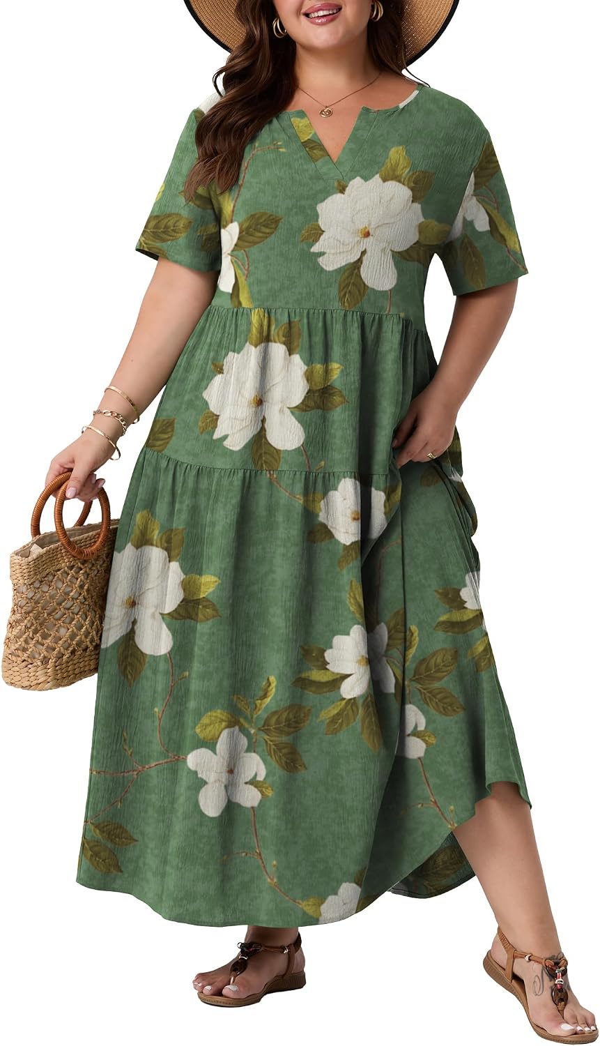 OLRIK Plus Size Maxi Dresses for Curvy Women - Flowy Boho Summer Dress with Pockets, V-Neck Short Sleeve for Beach Vacation