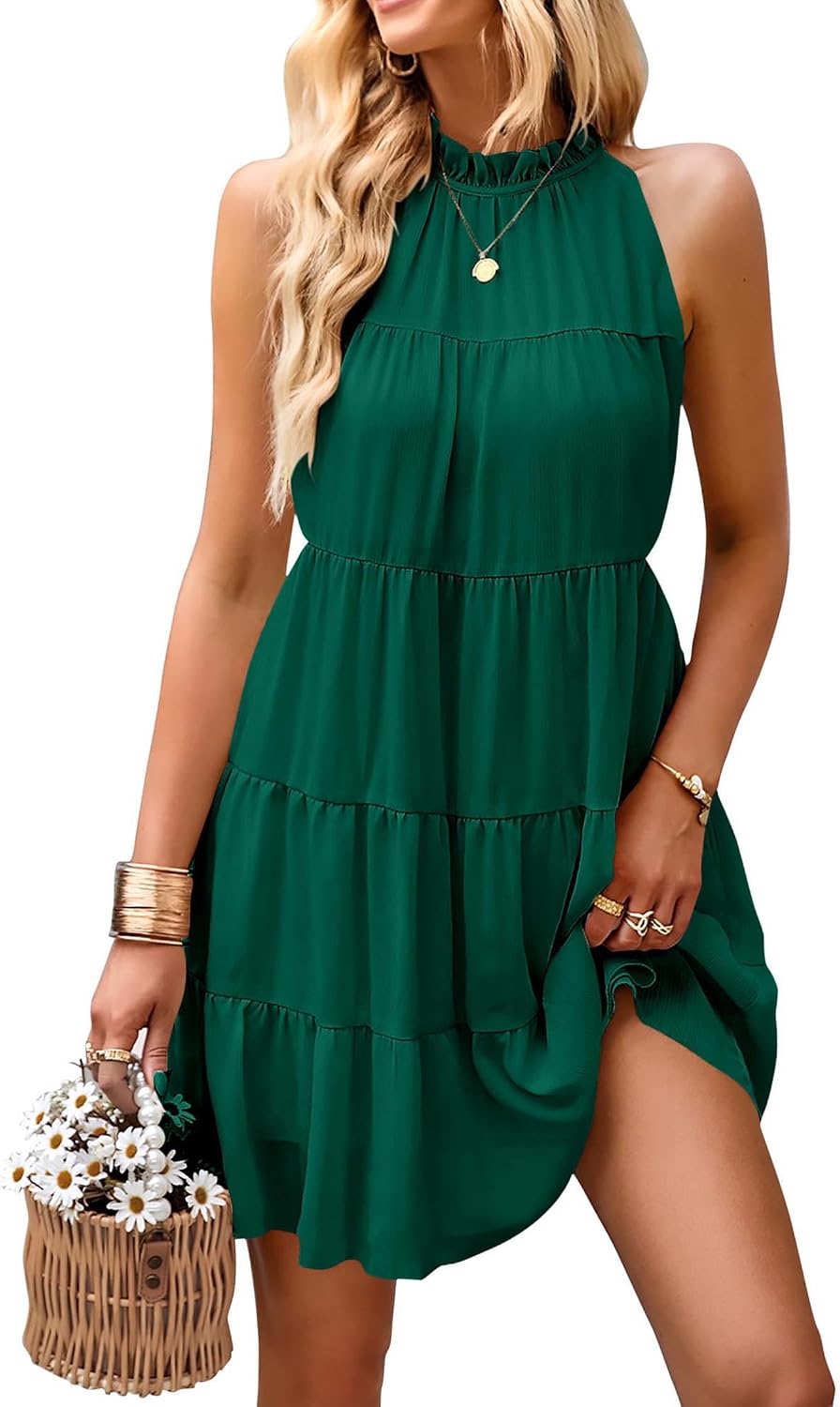 KIRUNDO Summer Sundresses for Women Halter Dress Babydoll | Spring Sleeveless Halter Top, Flowy Tiered Pleated, Western Cute Country Concert, Beach Wedding Guest Vacation Cruise Dress