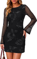 Simplee Womens Mini Fall Wedding Guest Dresses Mesh Bodycon Floral Dress | Crew Neck, Flare Long Sleeve, Semi Formal Cocktail Party Dress 2026, Short Baby Bridal Shower, Winter Evening Gowns Outfits