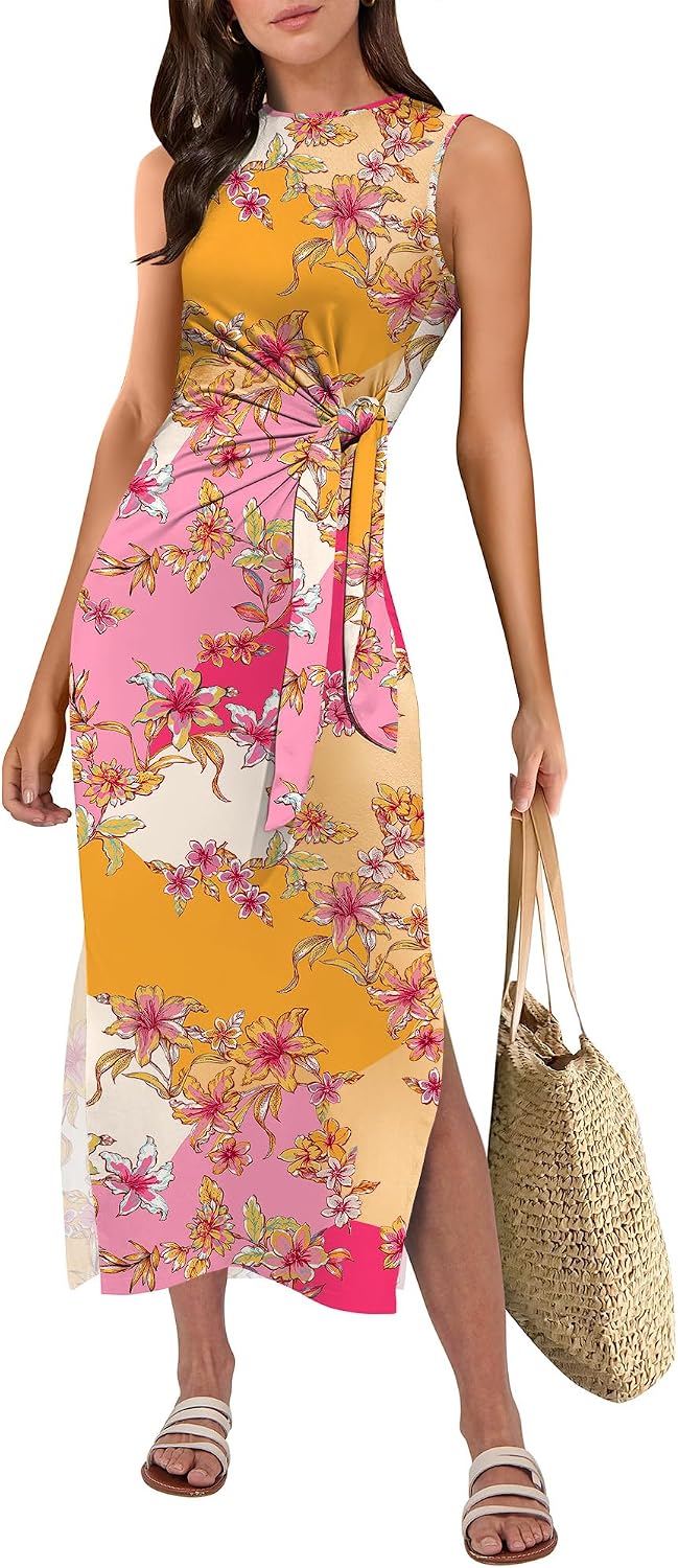 ANRABESS Women's Sleeveless T-Shirt Midi Tank Dress | Summer Casual, Slim Fit, Tie Waist Split Trendy Long Dresses, 2026 Travel Vacation Beach Sundress, Soft Comfy