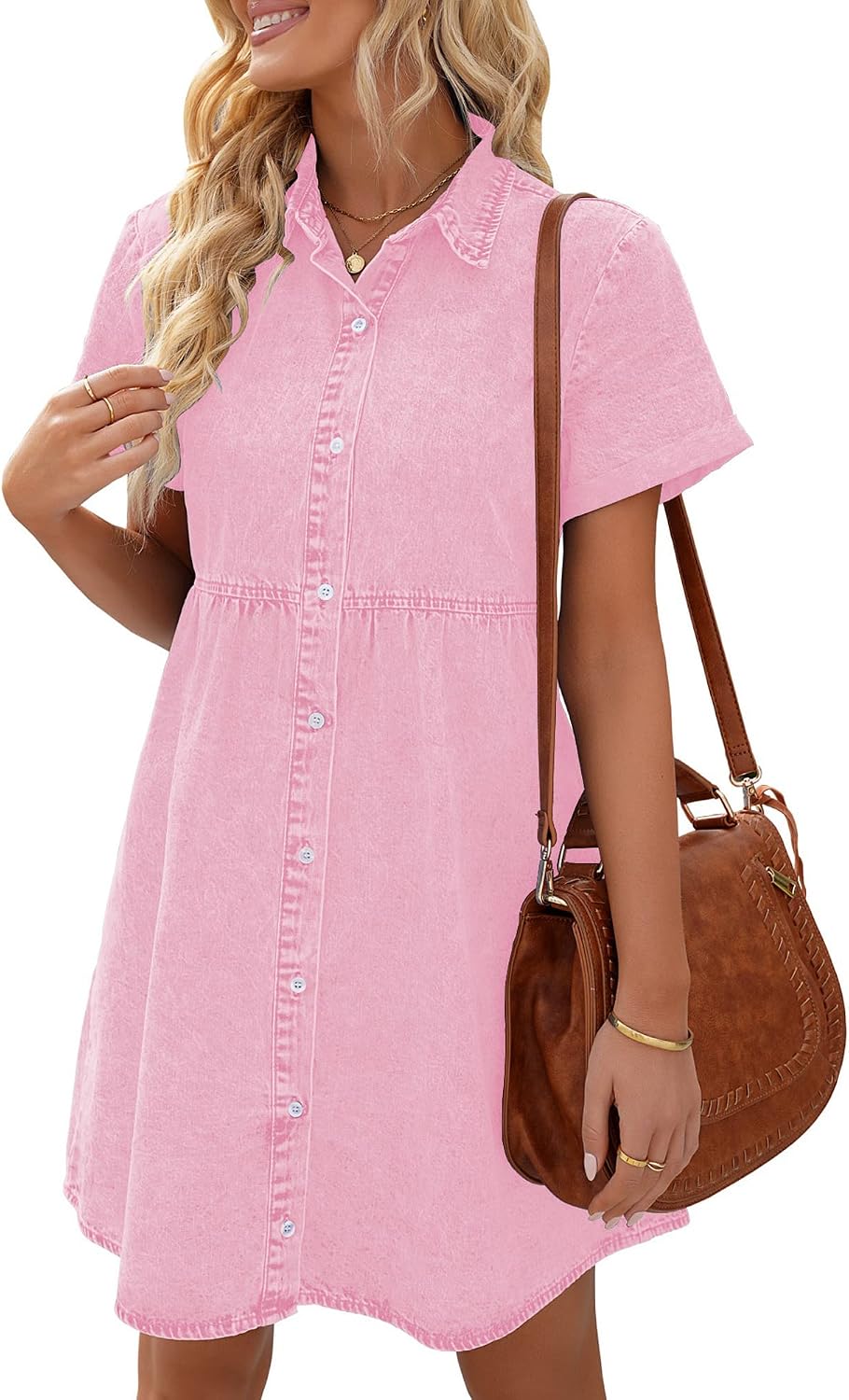 LookbookStore Denim Dress for Women Short Sleeve Flowy Babydoll Jean Dress | Trendy Womens Summer Dresses, Tiered Baby Doll Short Dress, Above Knee Length, Button Down, Daily Wear, Country Concert Dress