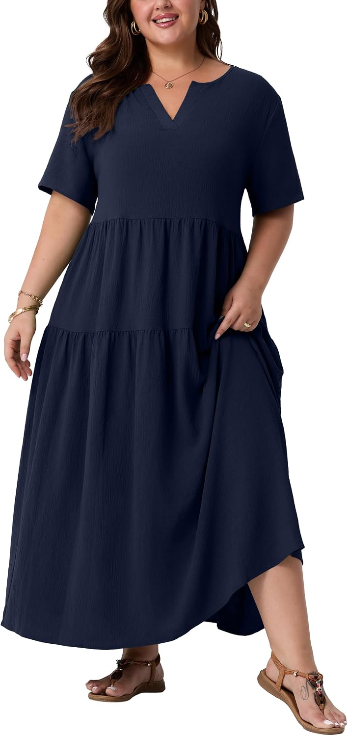 OLRIK Plus Size Maxi Dresses for Curvy Women - Flowy Boho Summer Dress with Pockets, V-Neck Short Sleeve for Beach Vacation