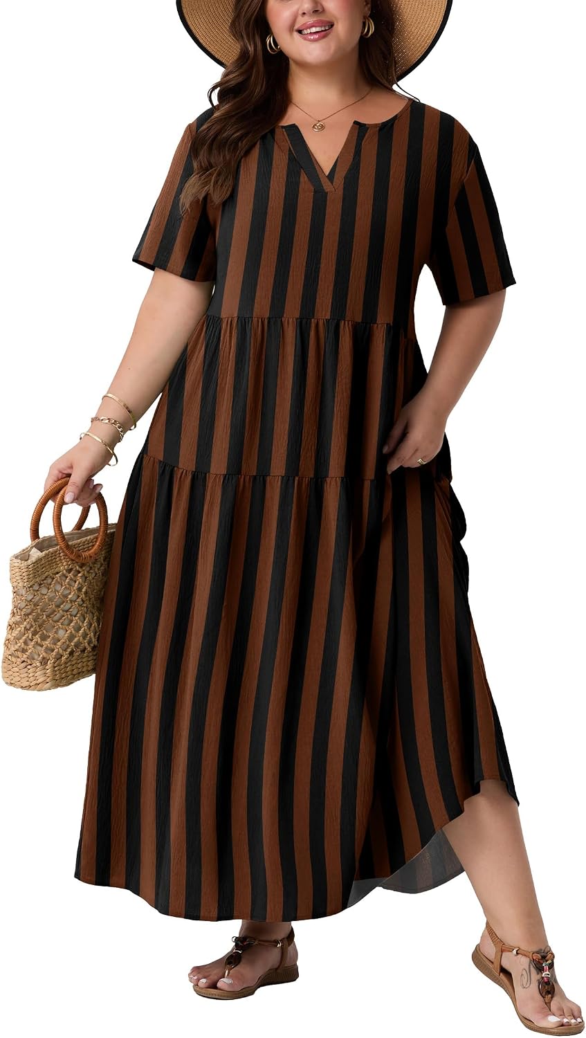 OLRIK Plus Size Maxi Dresses for Curvy Women - Flowy Boho Summer Dress with Pockets, V-Neck Short Sleeve for Beach Vacation