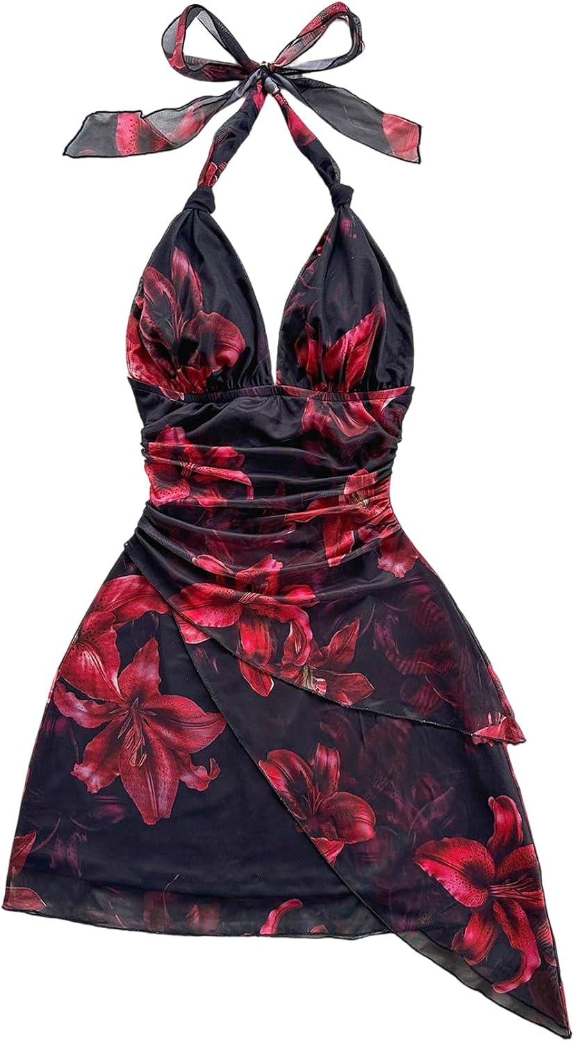 SOLY HUX Women's Y2K Summer Beach Halter Mini Dress | Retro Floral Dress, V Neck, Backless, Club Nightout, Sexy Going Out Clothes, Birthday Dress
