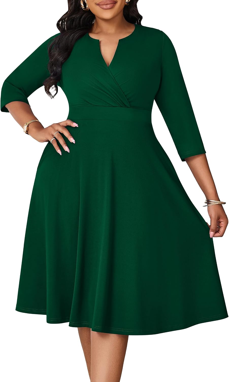 Runwind Plus Size Curvy Dresses for Women A-Line V Neck Casual Midi Dress | 3\/4 Sleeve, wrap shirred bodice, stretch empire waist, pockets & back hidden zipper, elegant style for cocktail party