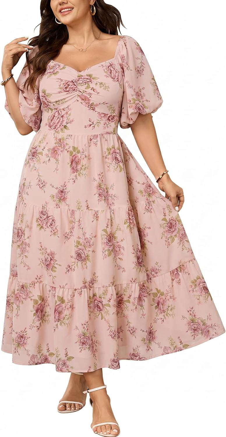 SHESTARR Womens Plus Size Wedding Guest Maxi Dress | Puffy Short Sleeve, Sweetheart Neckline, Smocked, Flowy, Tiered, A Line, Summer, Long Dresses