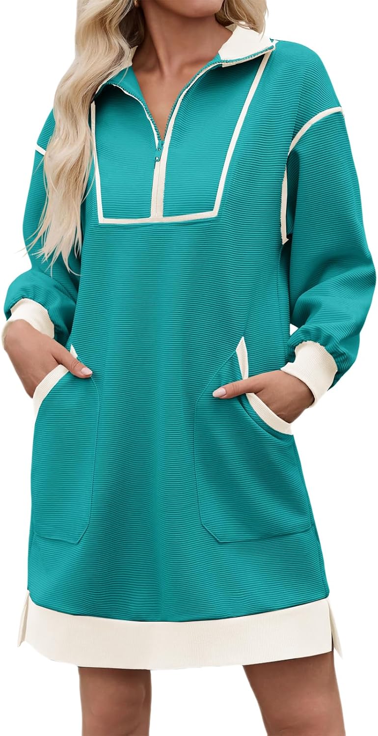 Wenrine Womens Half Zip Sweatshirt Dress Fall V Neck Contrast Mini Dresses | Oversized, Zip Up, Collared, Long Sleeve, Loose Fit, Slit Hem, Two Side Pockets, Sporty, Pullover