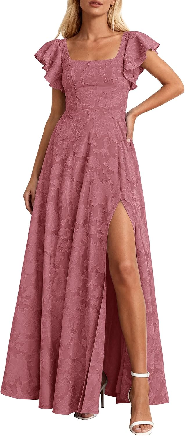 KIRUNDO Bridesmaid Wedding Guest Formal Dresses for Women | Elegant Summer Maxi Dress, Lace Floral Prom Party Cocktail Dress, Smocked Bust, Tie Back, Split A Line Swing, With Pockets