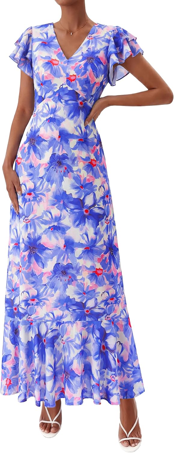 PRETTYGARDEN Womens Summer Boho Floral Maxi Dress | V Neck Ruffle Sleeve Tiered A-Line Sundress, Lightweight Flowy Long Dresses for Spring Wedding Guest, Cocktail Party, Cruise