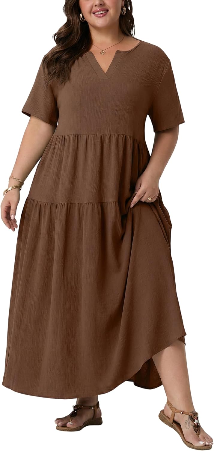 OLRIK Plus Size Maxi Dresses for Curvy Women - Flowy Boho Summer Dress with Pockets, V-Neck Short Sleeve for Beach Vacation