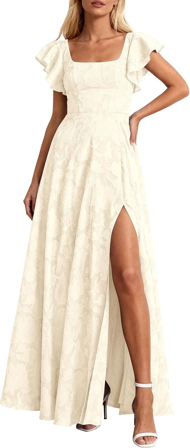 KIRUNDO Bridesmaid Wedding Guest Formal Dresses for Women | Elegant Summer Maxi Dress, Lace Floral Prom Party Cocktail Dress, Smocked Bust, Tie Back, Split A Line Swing, With Pockets
