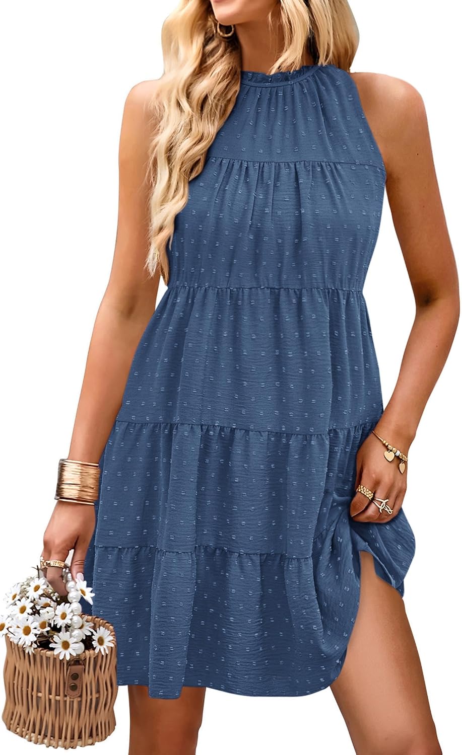 KIRUNDO Summer Sundresses for Women Halter Dress Babydoll | Spring Sleeveless Halter Top, Flowy Tiered Pleated, Western Cute Country Concert, Beach Wedding Guest Vacation Cruise Dress